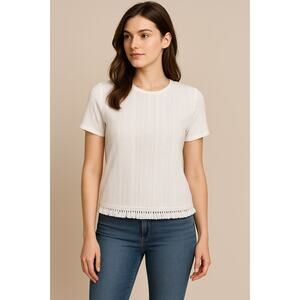 Michael Kors‎ White Lace Blouse Women’s M Fringe Hem Short Sleeve Top Classic